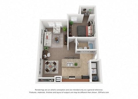 Floor plan for 1 bed, 1 bath, 695 sqft